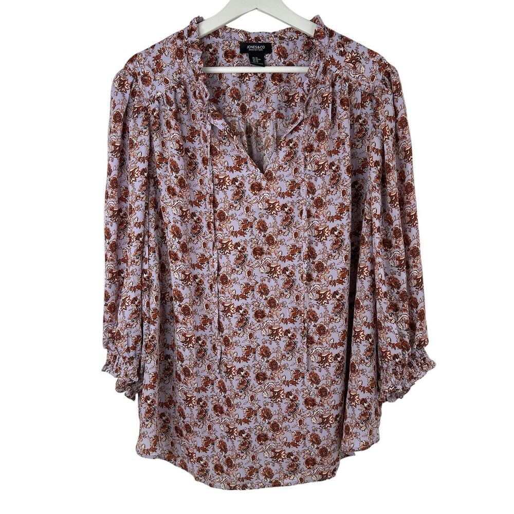 Jones‎ & Co. Plus Sz 2X Blouse Top Lavender Floral Peasant Tie V-neck 3/4 Sleeve